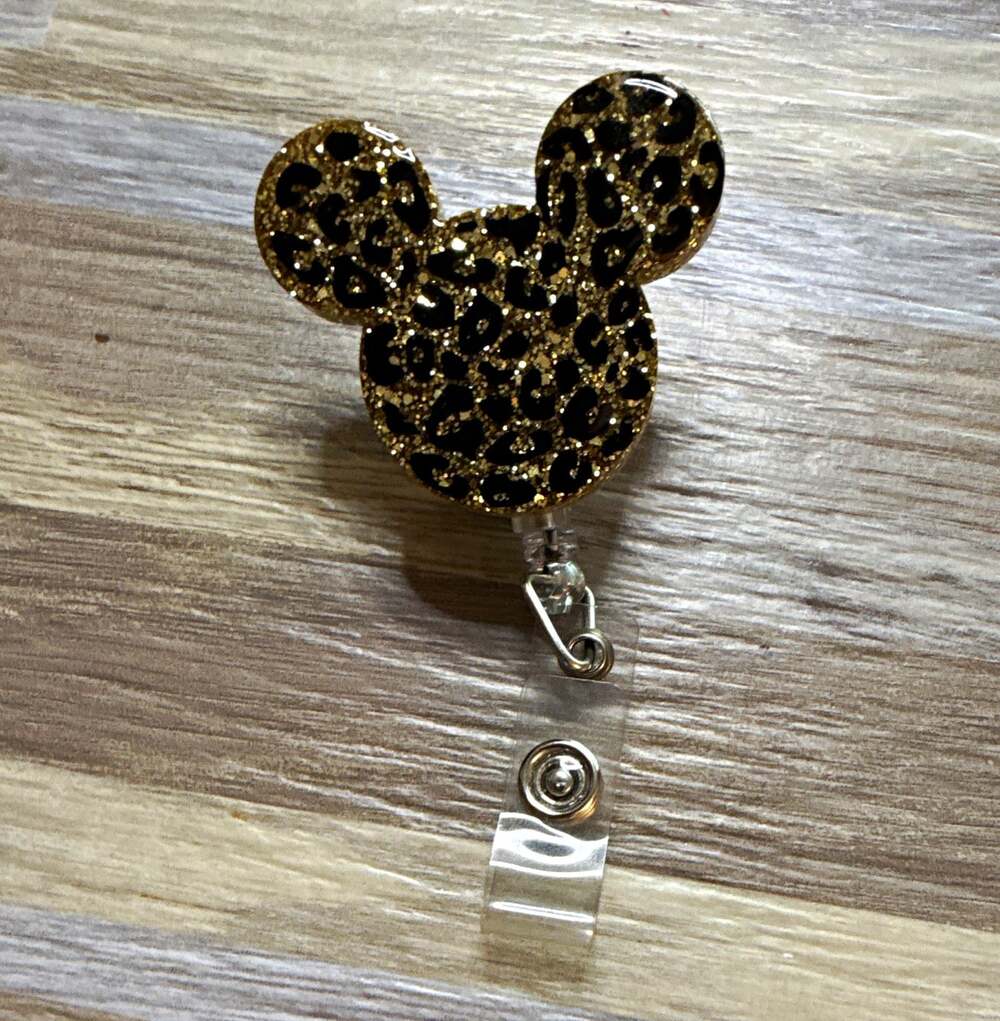 Mickey Mouse Style Retractable Badge Reel Gold Black Leopard Print ID Holder